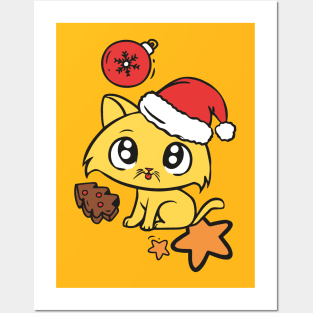 Cute Christmas cat with cooky and stars Posters and Art